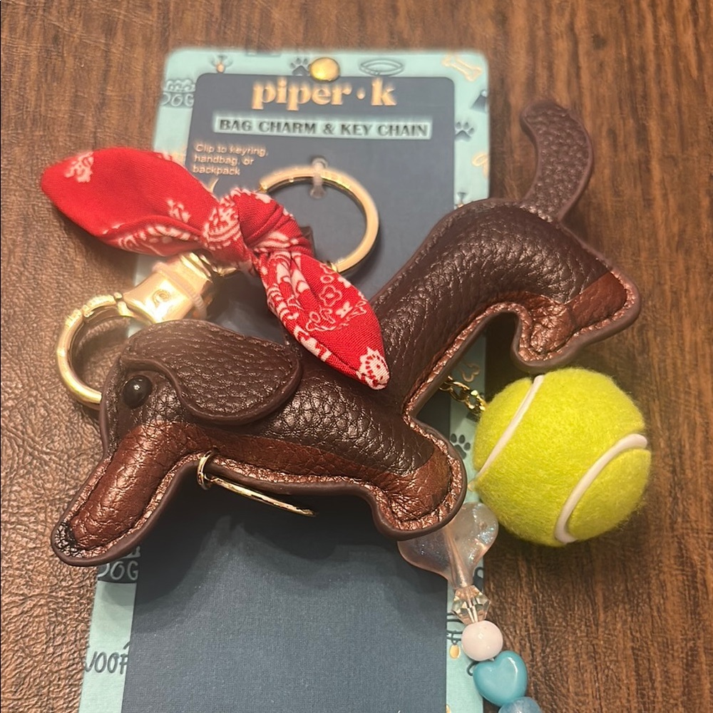 Piper k Brown Doxie  Dog Keychain with Red Bandana Yellow Ball& gold charm NWT